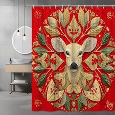 Deer Floral Mandala Red Shower Curtain, Leaf and Flower Graphic