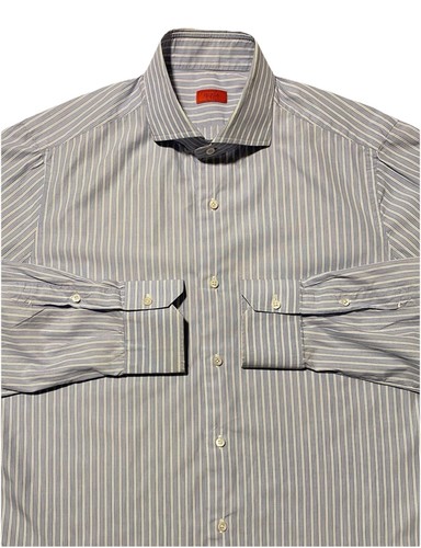 Isaia Napoli Striped Blue White Long Sleeve Men's Dress Shirt 16.5-42 Made Italy