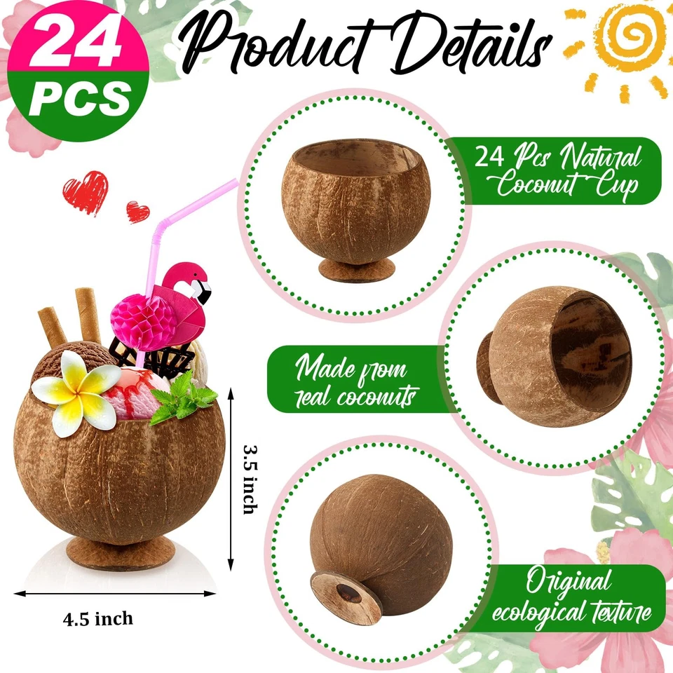 Tazas de coco con pajitas de flamenco hawaiano Luau decoración de fiesta pajitas rosas... Foto 2 de 4