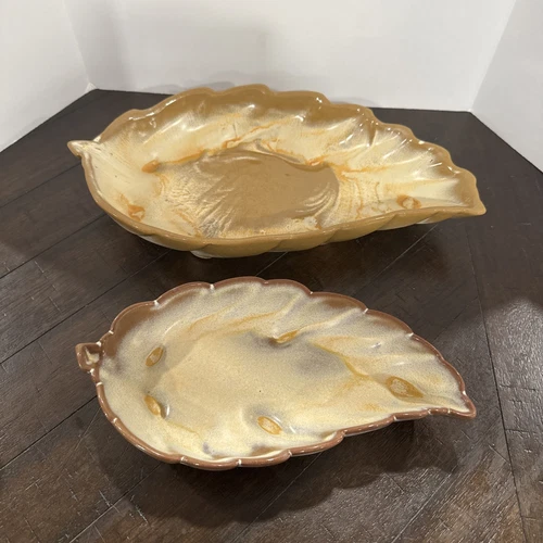 Two (2) Vintage Frankoma Leaf Bowl Dishes 225 (9”) & 226 (12”) • Desert Gold
