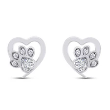 Puppy Paw Print Heart Small Stud Earrings Simulated Birthstone Sterling Silver