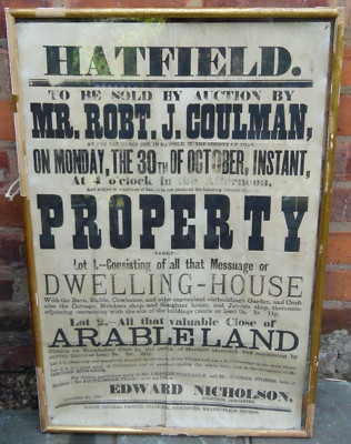 Antikes Werbeplakat HATFIELD PROPERTY PER AUKTION VERKAUFT Poster gerahmt*