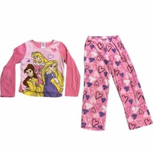 Disney Princess Girls 8 Fleece Pajama Pants Shirt Set Arora Belle Rapunzel PJs