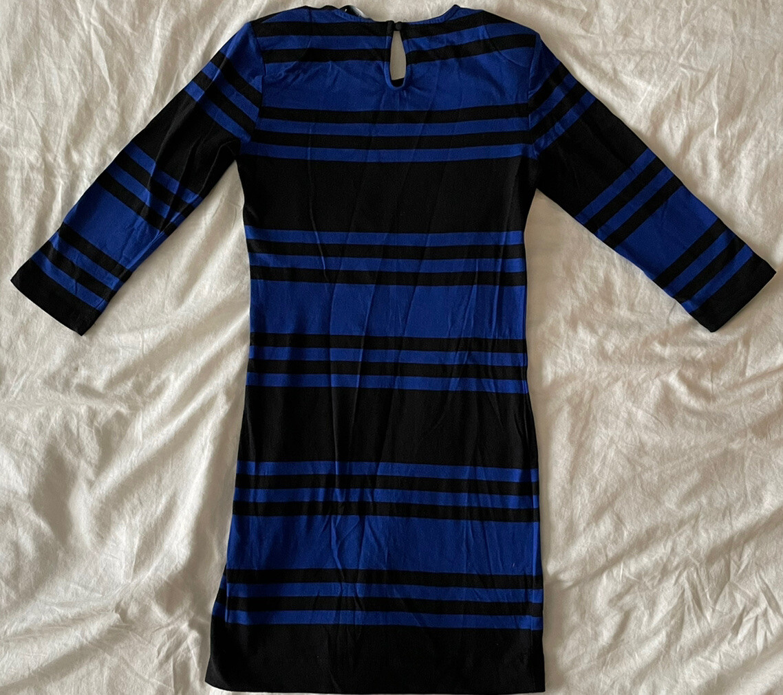 French Connection Size 6 Blue Black Striped Midi Dress FCUK Stretch Womens  | eBay