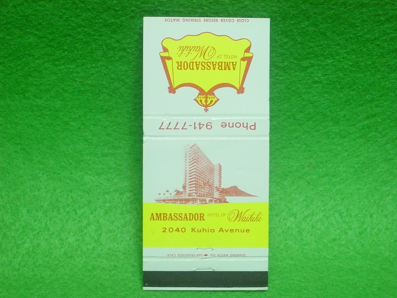 VINTAGE AMBASSADOR WAIKIKI HOTEL HONOLULU HAWAII FRONT STRIKER MATCHBOOK COVER 
