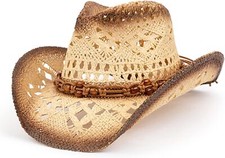 Straw Cowboy Hat for Women and Men with Medium-Large, Brown/Beads - Tea Stain