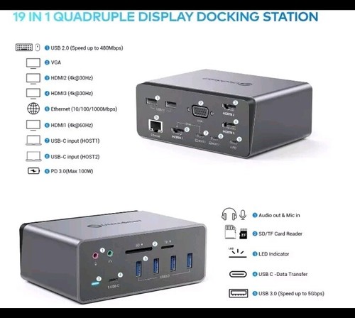 Docking Station UtechSmart 19 in 1 Quadruple Monitor Laptop USB C Gray
