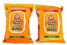 2 PACK Arm & Hammer Ultra Max Face & Body Wipes Fresh Scent 30 Wipes Each