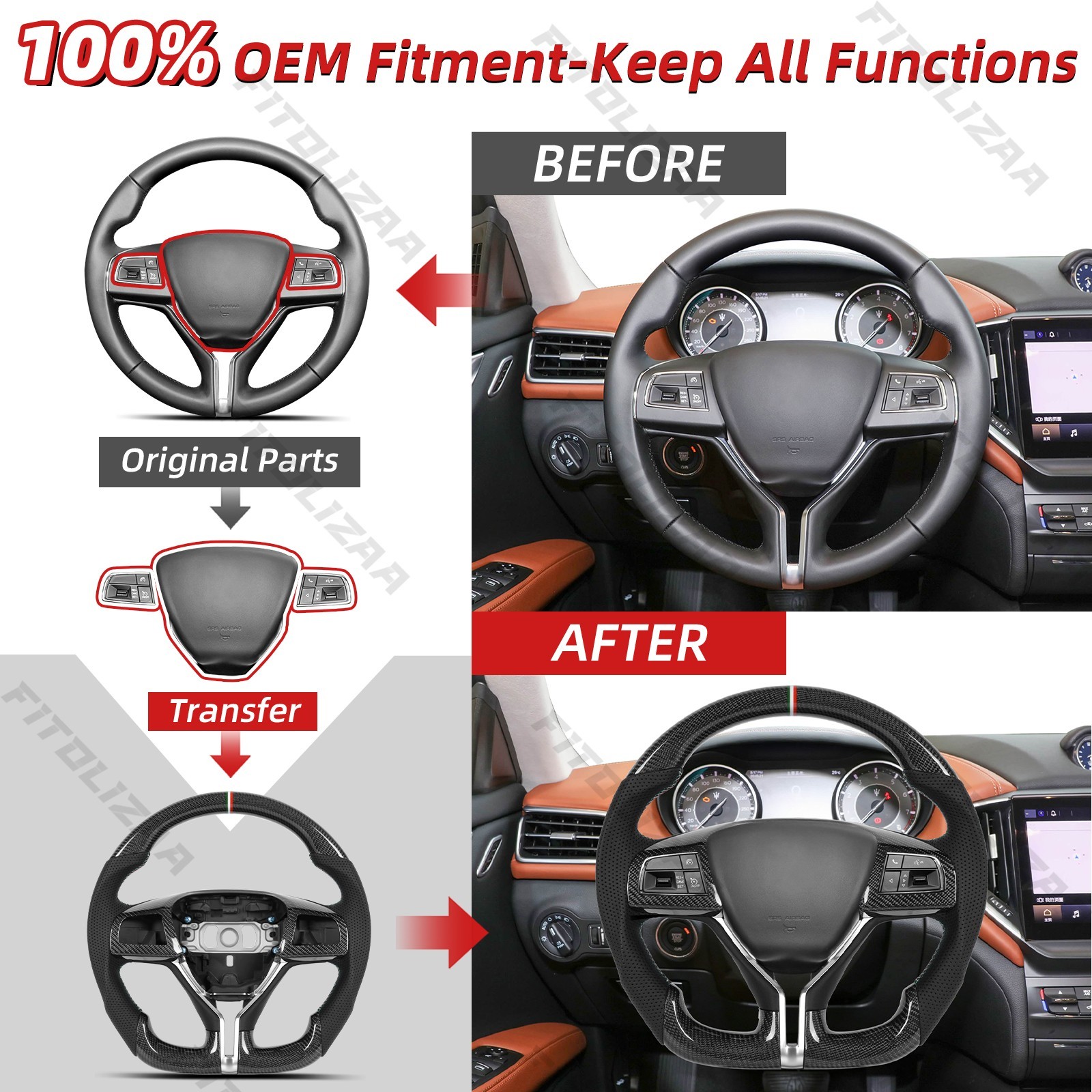 Real Carbon Flat Bottom Steering Wheel + Trims For Maserati Ghibli Levante 14-26