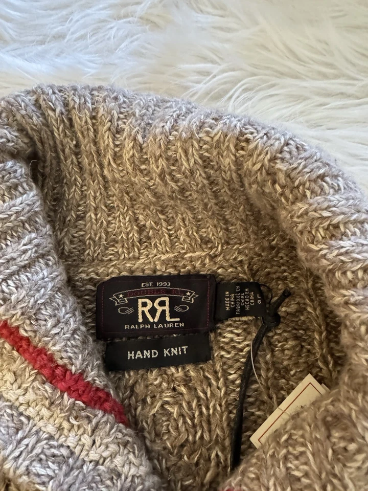 RRL Double RL Ralph Lauren New Hand Knit Cardigan Sweater Hunting Linen Wool L - Image 4 of 4