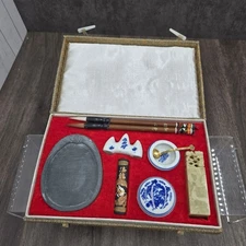 Vintage Chinese Calligraphy Set Brushes Seal Jade Stone Ink Art Collectible