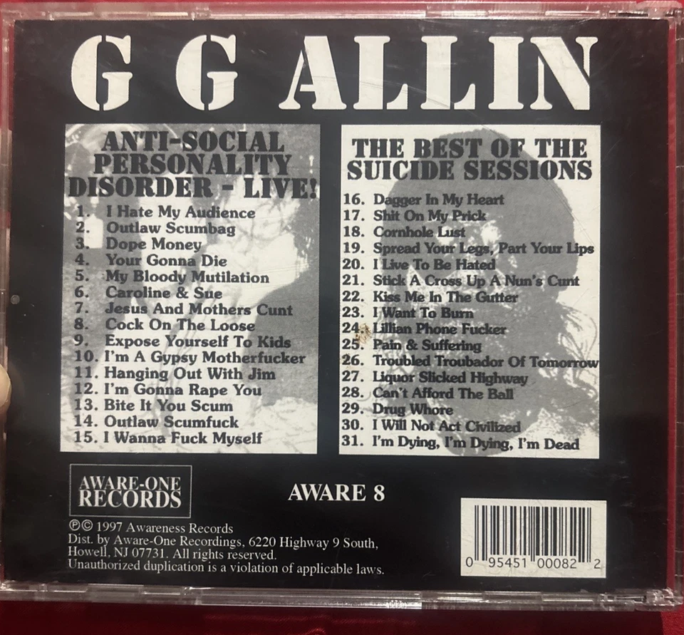 GG Allin Anti Social Live/The Best Of Suicide Sessions Cd Foto 2 de 4