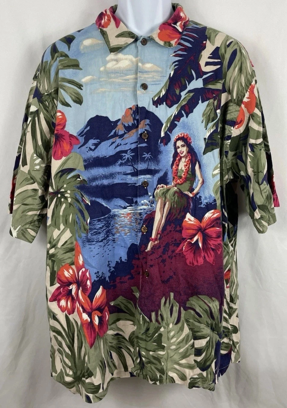 Nautica Double-Sided Hula Dancer Hawaiian Style Shirt Men’s Large Rayon / Linen