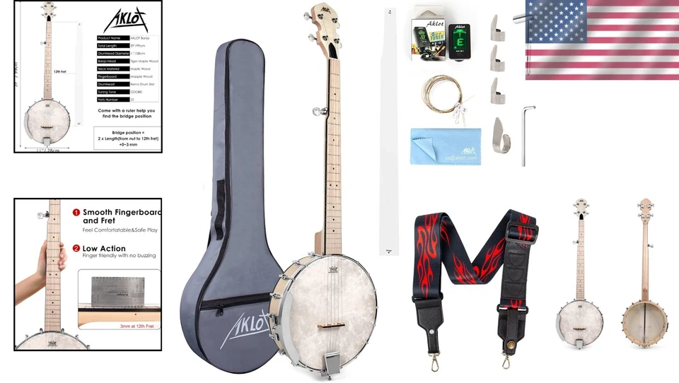 Professional 5-String Maple Banjo with Remo Head and Complete Accessories Set - Image 2 of 4