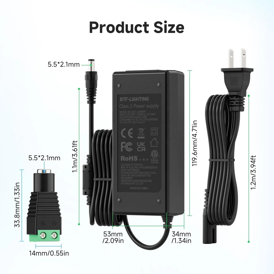 12V 6A 72W Power Supply Adapter ETL Listed 100-240V AC to 12V DC Converter Cl... - Image 2 of 4