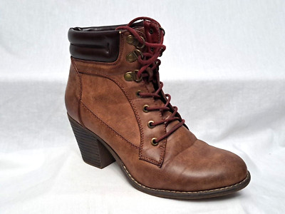 Via Pinky Boots Womens 8.5 Alyssa Wine Lace Up Heels Ankle Brown Faux Leather