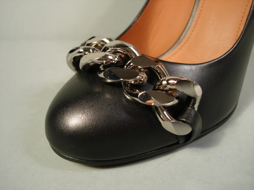 GIVENCHY CLASSIC BLACK LEATHER ROUND TOE SILVER CHAIN PUMPS HEELS 36.5 NEW - Picture 7 of 12