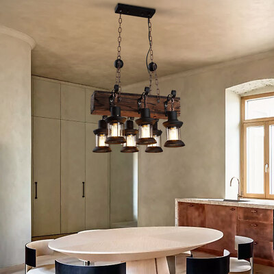 Rustic Wood Chandelier Industrial 6-Light Pendant Lamp Hanging Ceiling Lighting