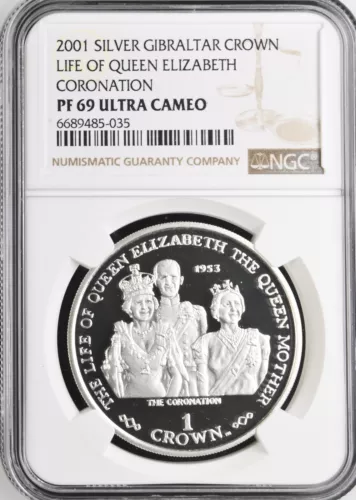 2001 GIBRALTAR SILVER PROOF 1 CROWN,LIFE OF QUEEN ELIZABETH CORONATION-NGC PF69