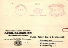 Porzellanfabrik Weiden, Firmenpostkarte nach Stavanger / Norwegen, 1934