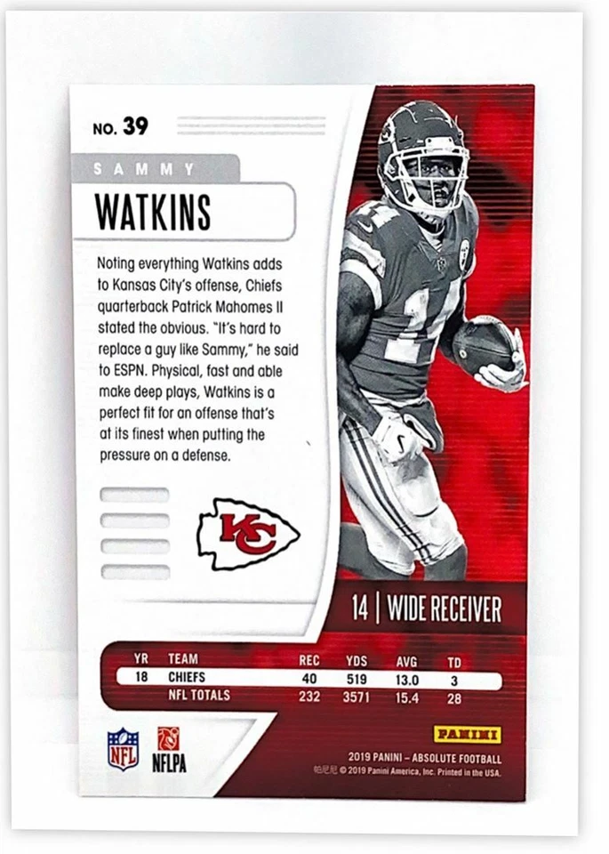 2019 Panini Absolute Sammy Watkins Kansas City Chiefs #39 - Image 2 of 2