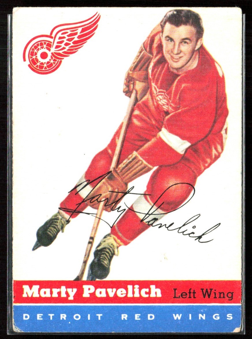 Marty Pavelich #34 Hockey Cards 1954 Topps trading card — raw and PSA graded price guide