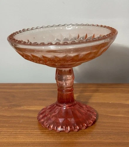 Vintage Pink Depression Glass Compote Candy Dish – Diamond Point, Glows Orange