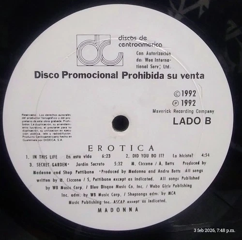 Madonna ‎– Erotica DIDECA GUATEMALA PRESS  "PROMO" VERY RARE