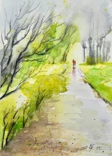 Original watercolor spring landscape walk in the park for two A4 semi-abstract