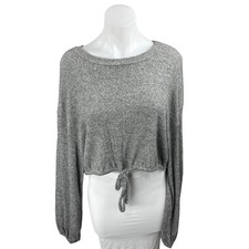 American Threads Gray Long Sleeve Ribbed Knit Tie Hem Cropped Sweater Top Size M
