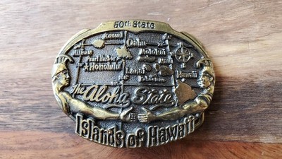 Vintage 1982 Aloha State Hawaii Brass Belt Buckle