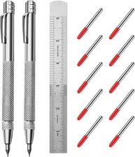 2 Pack Tungsten Carbide Tip Scriber Tool with 10 Refills 1 Ruler, Silver 