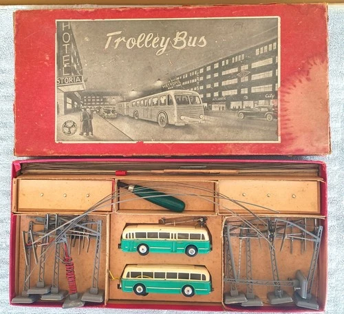 Vintage '50s HO Scale EHEIM TROLLEY BUS & TRAILER Toy Set, GERMANY, ORIGINAL BOX