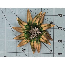 Vintage Gold Tone Green Enamel Layered Flower Brooch Rhinestone Center 3 Inch