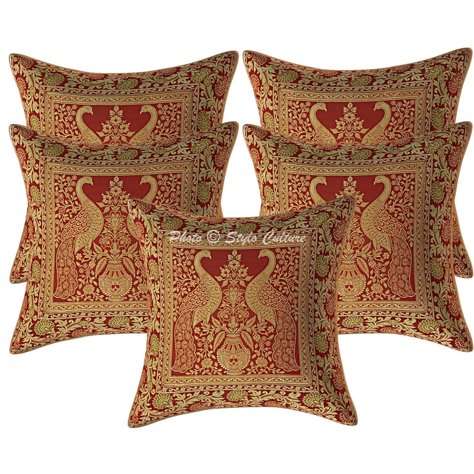 Ethnic Jacquard Throw Pillow Covers Brocade Peacock 40x40 cm Boho Cushion Cover