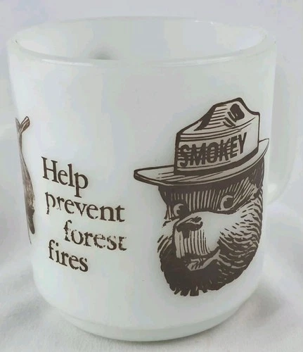 Vintage Milk Glass Mug-Cup Smokey The Bear Help Prevent Forest Fires Glasbake