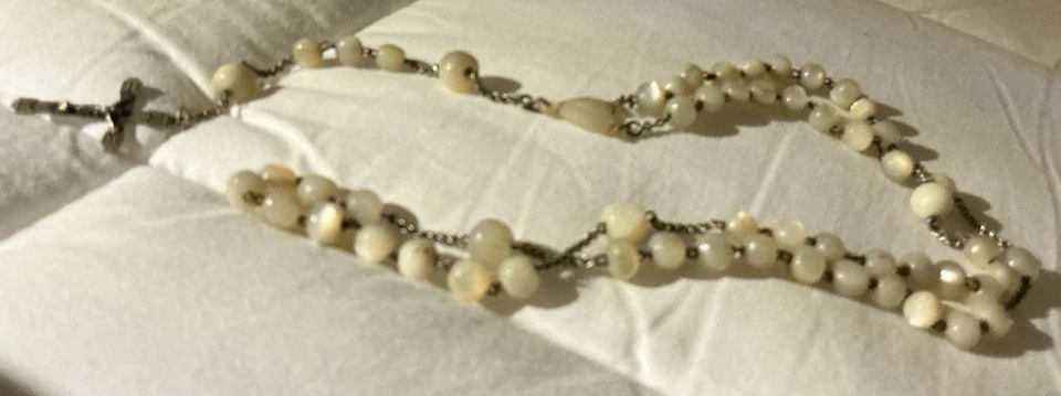 Vintage Catholic Rosary Silver Mother of Pearl Beads - image 4 of 4