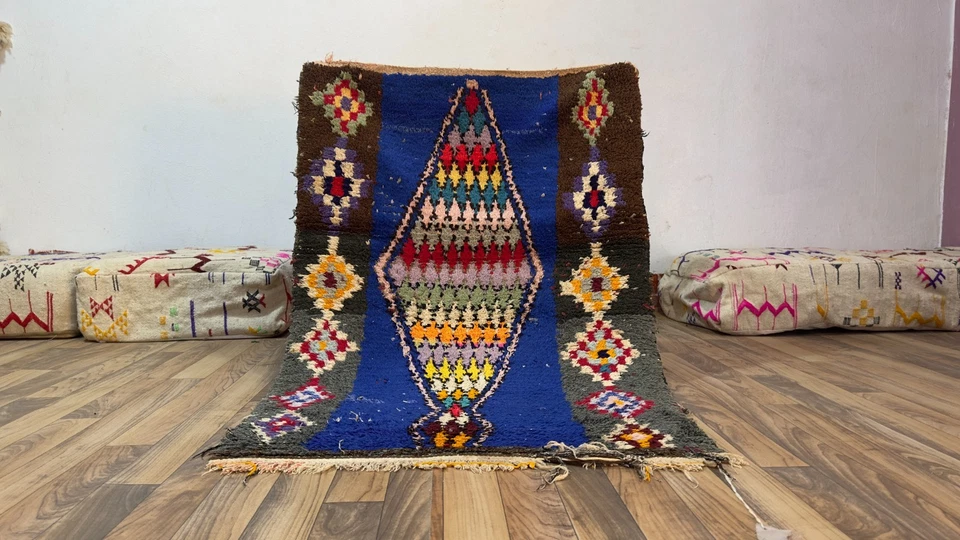 Vintage Moroccan Berber Rug 2.7x4.1 ft–Handwoven Wool Tribal Boho Blue Geometric - Image 2 of 4