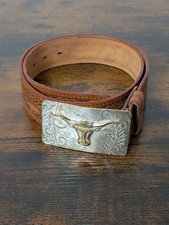 Vintage Tooled Leather Western Belt Steer Brass Buckle Size 32