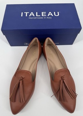 NEW Italeau Trino Flexlite Handmade Italy Leather Tassel Loafers Cognac Sz 12M