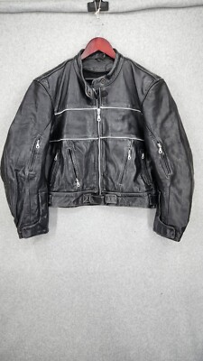 VNTG Echtes Leder Mens Black Leather Motorcycle Biker Jacket Collarless Large