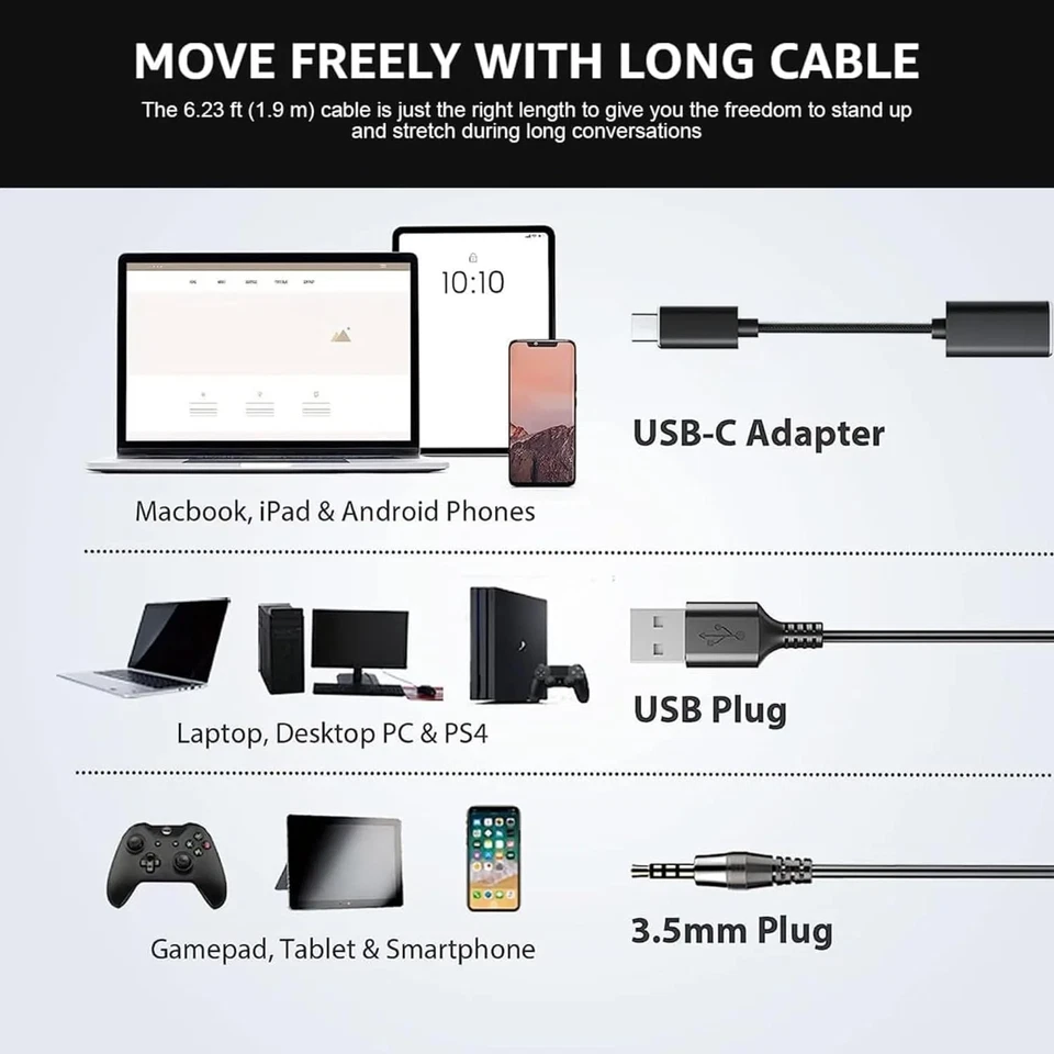 Wantek Headsets 3.5mm to USB to Type-C Microphone Earphone for PC/Laptop/Phone - Image 2 of 4