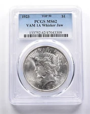 MS62 1923 Peace Silver Dollar TOP 50 VAM 1A Whisker Jaw PCGS *3361