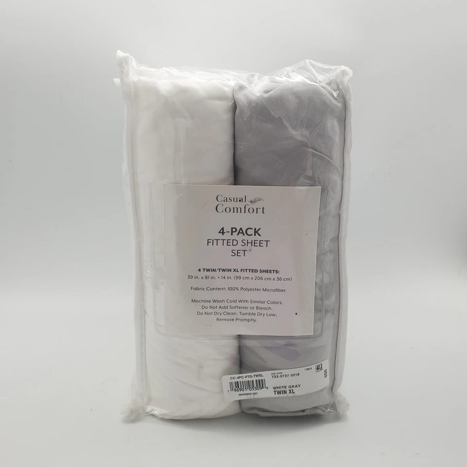 4 JCP Twin/Twin XL Microfiber Fitted Sheets Casual Comfort 2 White 2 Gray Dorm - Image 2 of 4