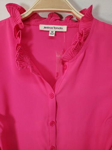 NWOT Jealous Tomato Ruffle Sleeve Ruffle Neck Top Blouse Size M Button Down Hot - Picture 2 of 8