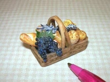 Miniature Filled Brown Resin Bread Basket w/Grapes #5: DOLLHOUSE Miniatures 1:12