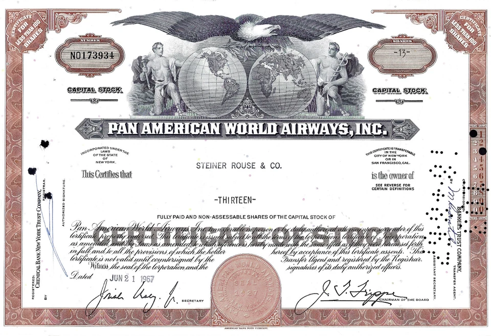 Pan American World Airways Inc.,  21. 06. 1967  - 13 Shares - Bild 1 von 1
