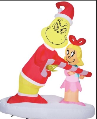 Gemmy Airblown Inflatable 5.5' Grinch Passing Out Candy Canes  Cindy Lou Scene