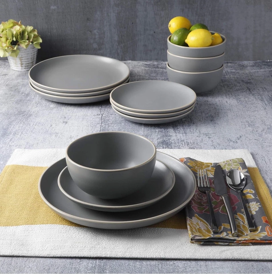 Gibson Home Rockaway 12-Piece Dinnerware Set Service for 4, Grey Matte - Image 2 of 4