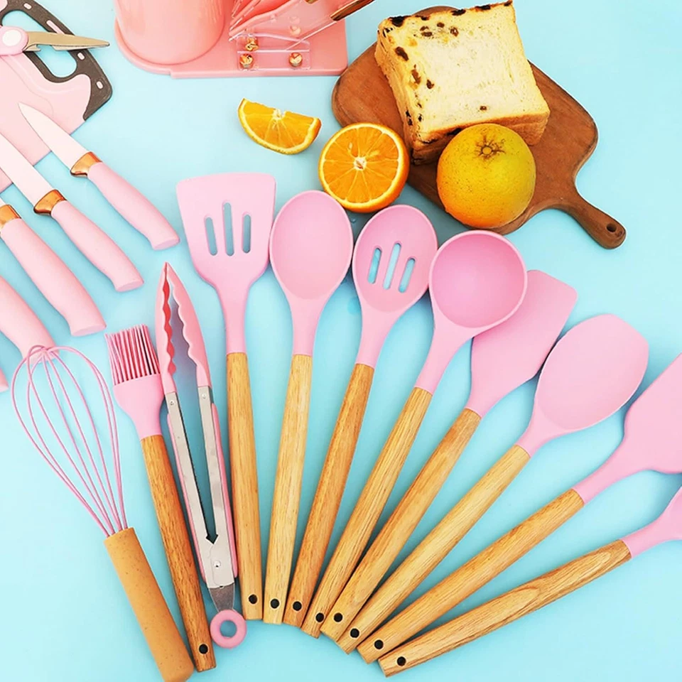 Juego de utensilios de cocina de silicona 20 piezas cucharas y espátula de cocina de madera para cocinar Foto 2 de 4